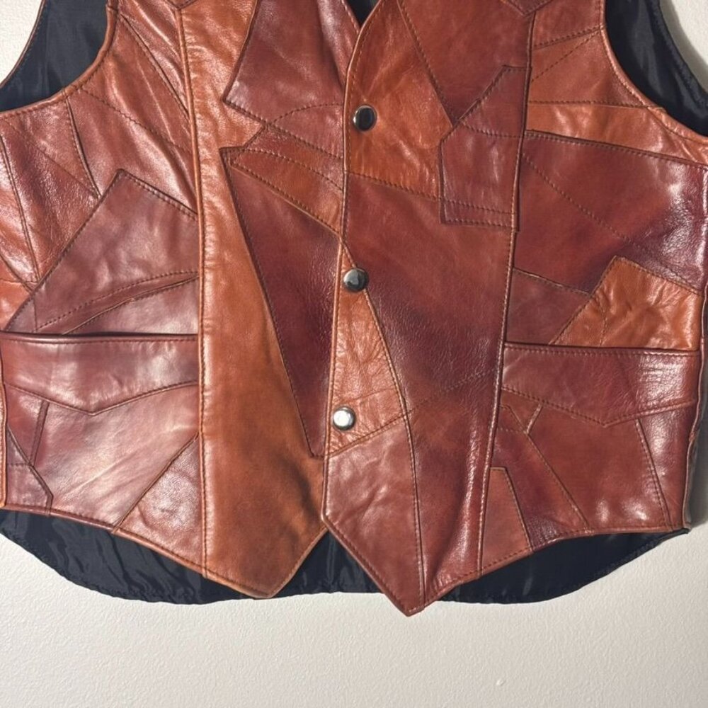 Vintage Leather Patchwork Vest Genuine Mexico-Made Mens Apparel Snap Closure - Picture 3 of 10